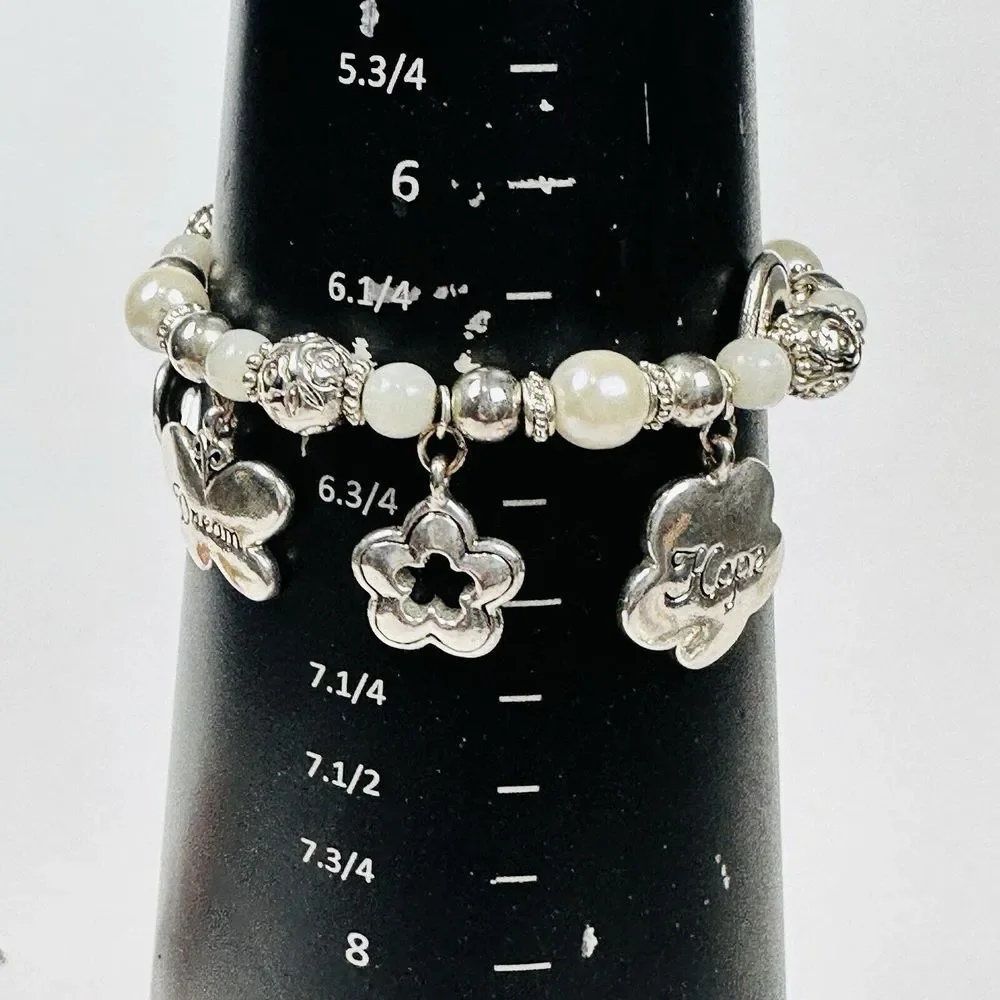 VTG Bracelet Charms Hope Dream Heart‎ Flower 6.5 Glass Faux Pearls Beads Stretch